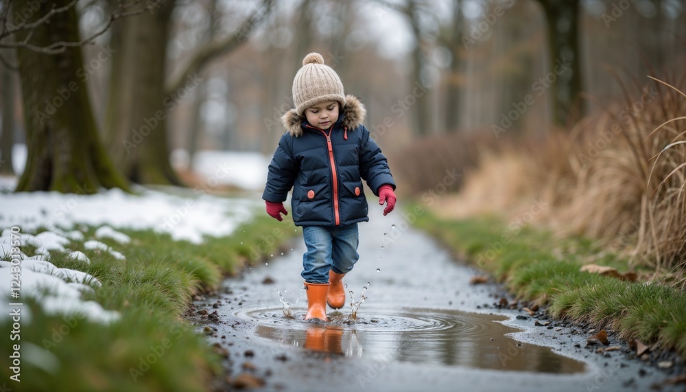 Child joyfully jumping in puddles during springtime in a park
Child joyfully jumping in puddles during springtime in a park