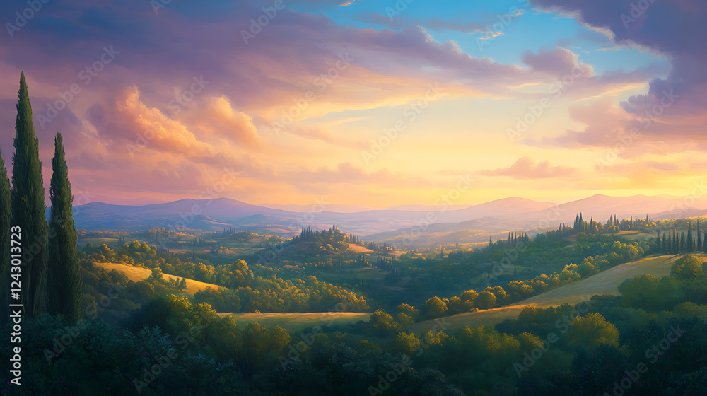 Obraz premium serene hinterland landscape with rolling hills, dense forests, and a wide, open sky at dusk. Soft, warm colors and a peaceful