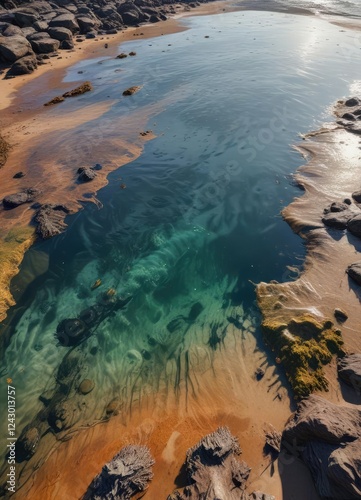 Seawater draining from a tidal pool at low tide, tide, coastline, ebb