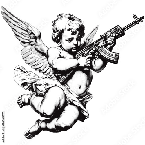 Evil angels wielding weapons. Halftone effect. 