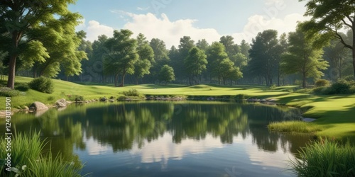 Serene golf course landscape with a serene pond and lush greenery in the background, trees, serene, pond