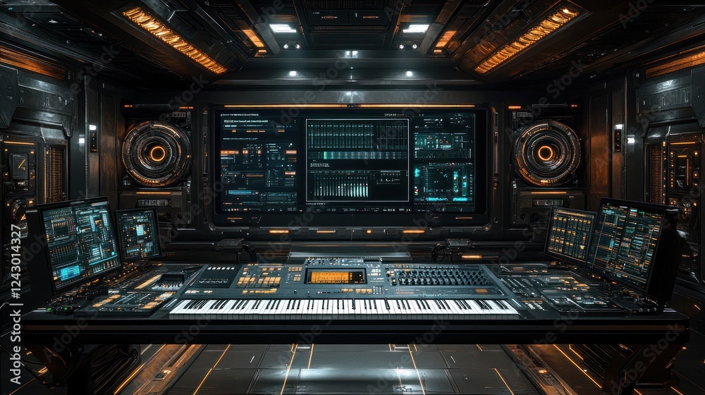 Futuristic music studio with advanced technology and digital interfaces. Futuristic music studio with advanced technology and digital interfaces.