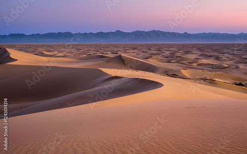 Open desert with distant sand dunes at twilight
