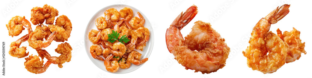 Fried shrimp isolated on transparent background, PNG, Set of Fried shrimp isolated on transparent background, PNG, Set of