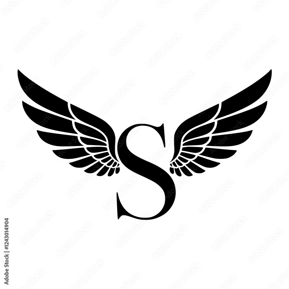 Fototapeta premium Winged Letter S Black Logo Design , Black letter S with symmetrical wings, creating a bold and stylish logo. Perfect for branding, aviation, business, sports, or creative identity. 