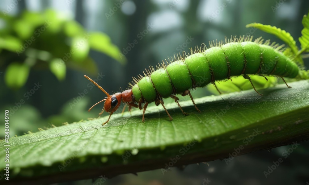 Small ant crawling under a big long green caterpillar on the edge of a leaf, outdoor, wildlife Small ant crawling under a big long green caterpillar on the edge of a leaf, outdoor, wildlife