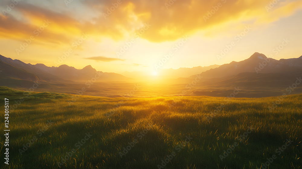 expansive hinterland scene with mountains in the distance and a golden sunrise over a grassy plain expansive hinterland scene with mountains in the distance and a golden sunrise over a grassy plain