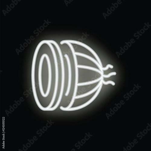 White neon icon of a spacecraft flying in space with its engine glowing on a black background