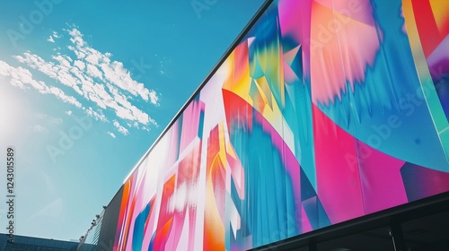 A large corporate banner displayed at an outdoor event, with bold text and vibrant graphics, set against a backdrop of a clear blue sky.