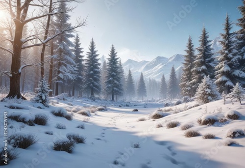 Snowflakes gently falling on a winter wonderland scene, serene, serene scenery, frozen lake