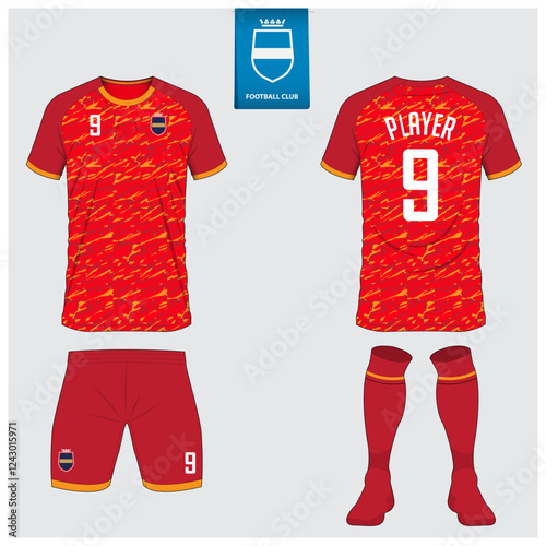 Soccer jersey or football kit mockup design for football club. Football shirt, short, sock template. Soccer uniform in front view, back view. Football logo in flat design.