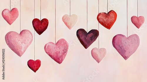 Illustration of hanging red and pink hearts for a Valentine's Day banner, arranged elegantly against a soft blush background