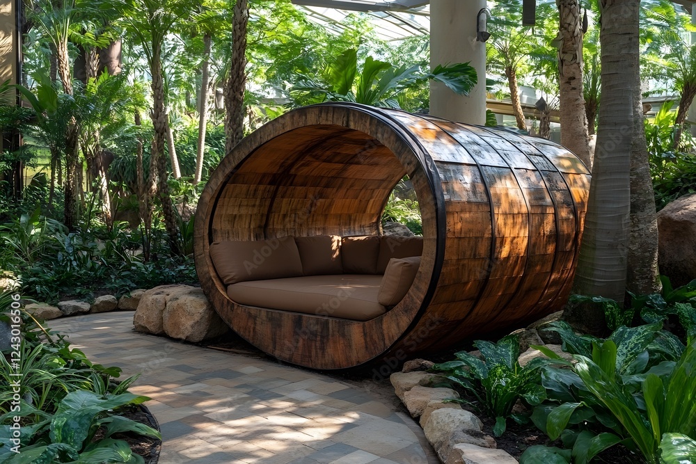 Rustic Barrel Seating in Tropical Indoor Garden Oasis for Relaxation and Design Inspiration Rustic Barrel Seating in Tropical Indoor Garden Oasis for Relaxation and Design Inspiration