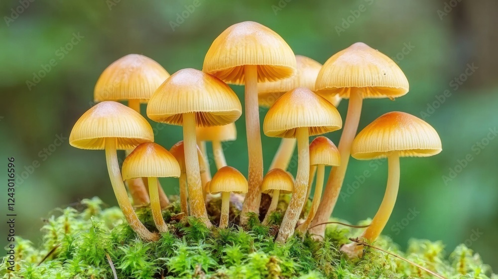 Dreamy macro of mushrooms on mossy wood with warm light Dreamy macro of mushrooms on mossy wood with warm light