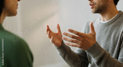Young caucasian adult males engaged in conversation gesture communication