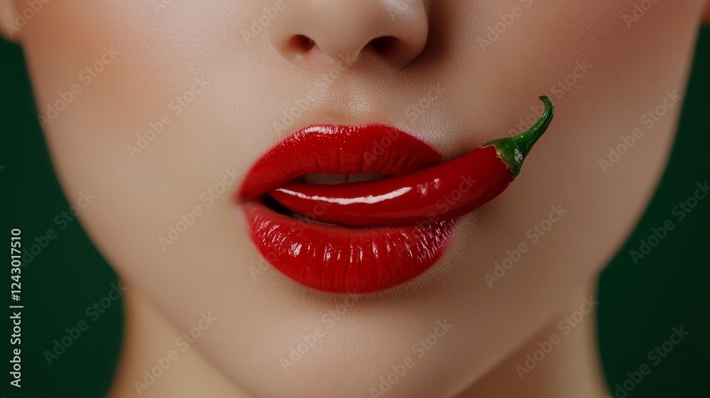 Obraz premium a close up shot of a woman's lips covered in red lip gloss biting into a chilli