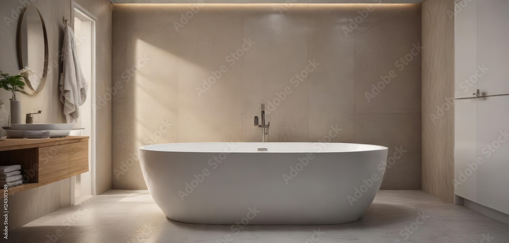 Fototapeta premium Softly lit oval bathtub in a minimalist bathroom with a small footprint, oval shape, minimal decor