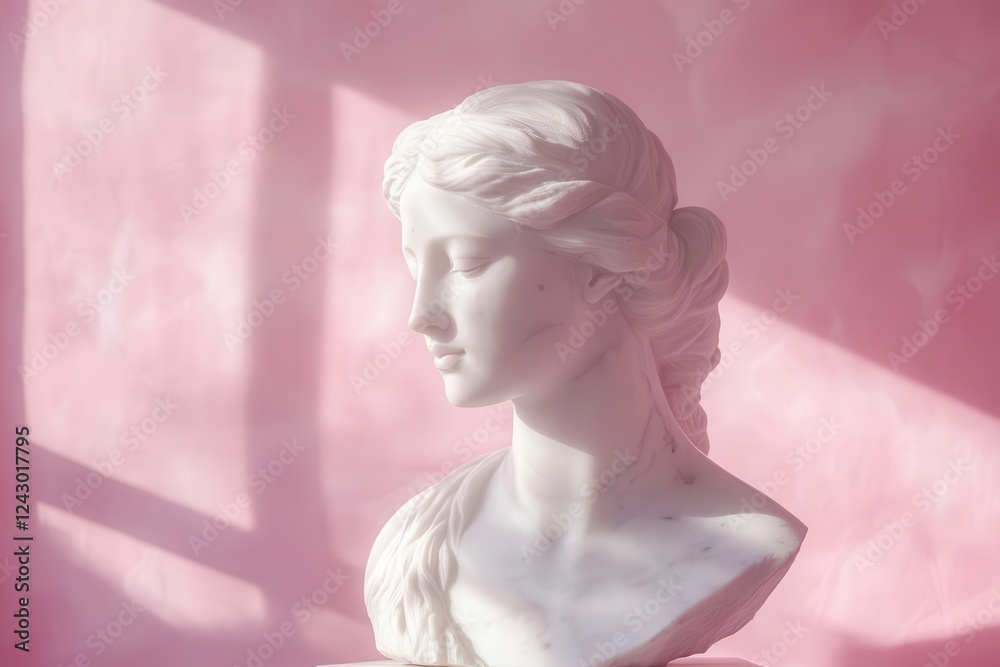 ethereal marble aphrodite sculpture in contemplative pose against soft pastel pink backdrop, dramatic side lighting creating subtle shadows ethereal marble aphrodite sculpture in contemplative pose against soft pastel pink backdrop, dramatic side lighting creating subtle shadows