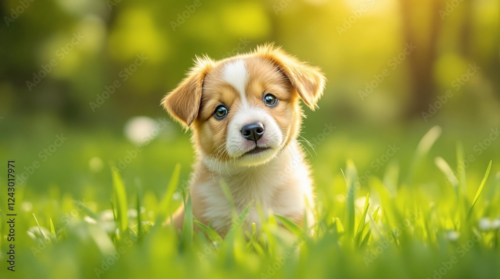 Cute puppy looking playfully in green grass under warm sunlight Cute puppy looking playfully in green grass under warm sunlight