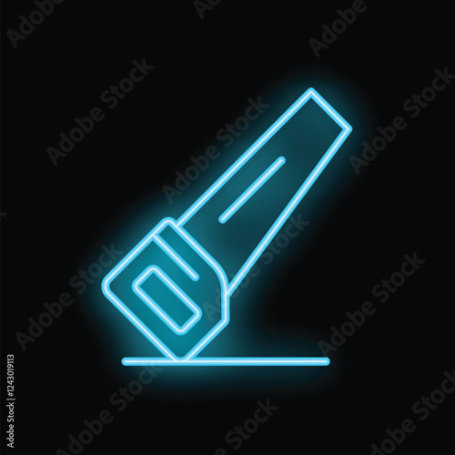 Blue neon icon of a saw cutting a straight line on a black background