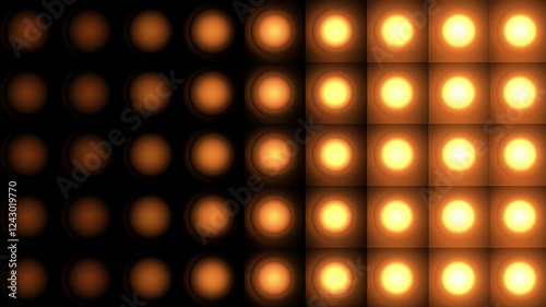 Golden disco lights background. Disco party glowing animation. Flicker wall lights. Night club, music video, LED screen and projector, glamour and fashion event, jazz, pop.