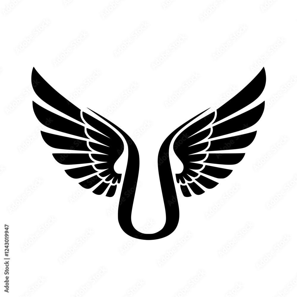 Obraz premium Winged Letter U Black Logo Design, Black letter U with symmetrical wings, forming a bold and stylish logo. Ideal for branding, aviation, business, sports, or creative identity. 