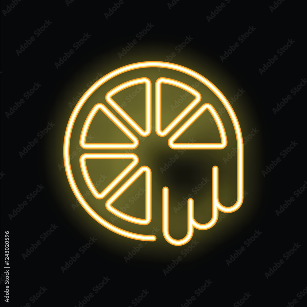 Bright yellow neon sign of an orange slice with juice dripping from its bottom, glowing on a black background Bright yellow neon sign of an orange slice with juice dripping from its bottom, glowing on a black background
