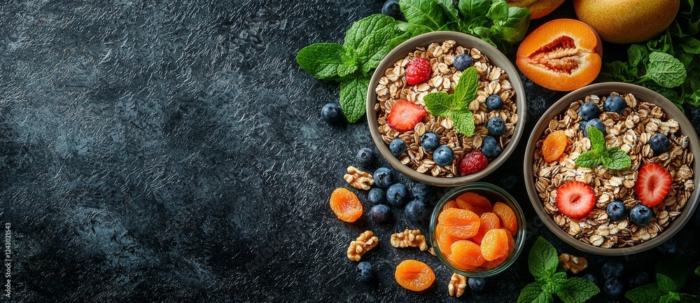 Fototapeta premium This selection of health foods is rich in protein, featuring a mix of grains, vegetables, dried fruit, almond yogurt, nutritional supplements, nuts, and seeds, offering ample fiber, antioxidants, and