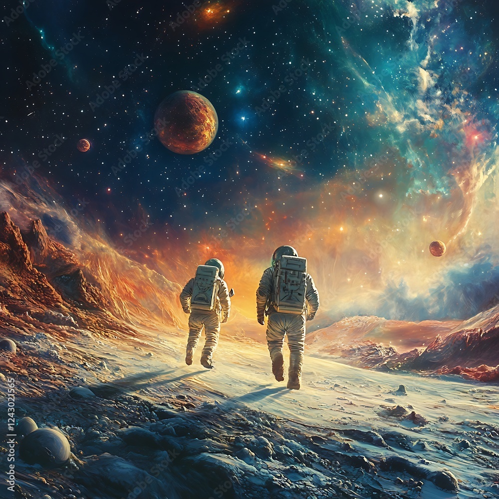 Obraz premium Astronauts witnessing space earth spacecraft wallpaper background image surreal horizon