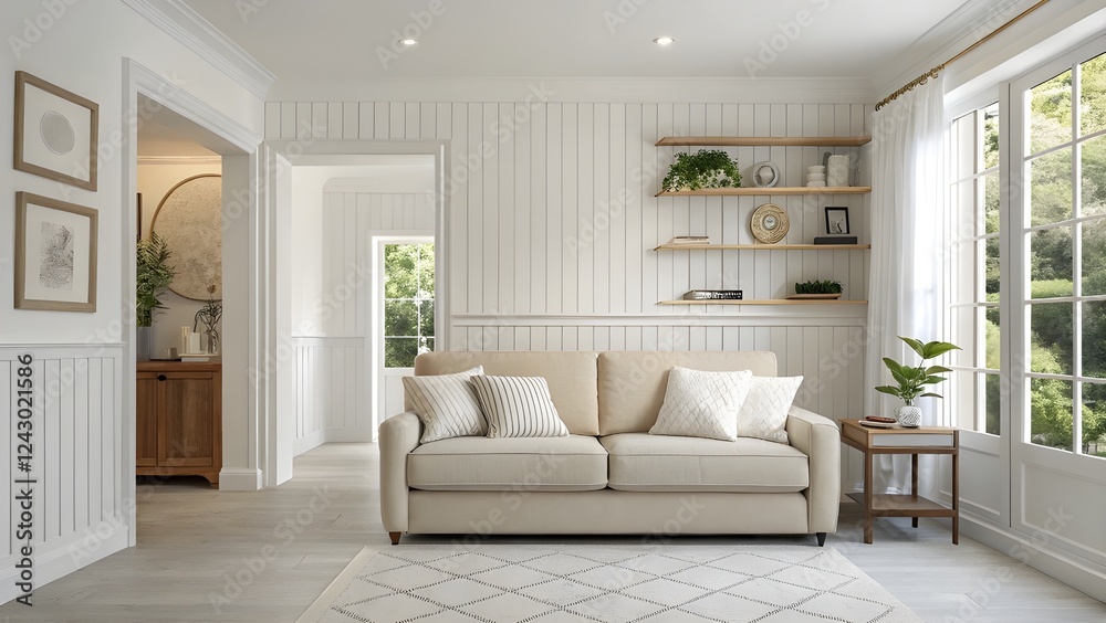 Fototapeta premium Modern living room interior, minimalist style, light beige sofa with white throw pillows, centered in frame, (sofa:1.2), (detailed fabric texture:1.2), small light brown coffee table beside sofa