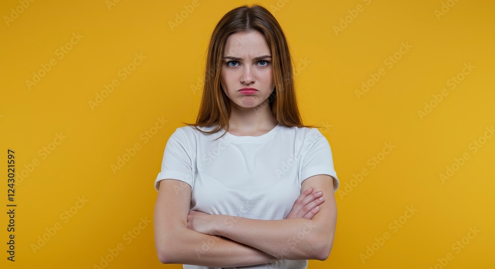 Upset and angry girl in white blank t shirt isolated on white background. Sad and mad woman with crossed arms . Copy space.
Upset and angry girl in white blank t shirt isolated on white background. Sad and mad woman with crossed arms . Copy space.