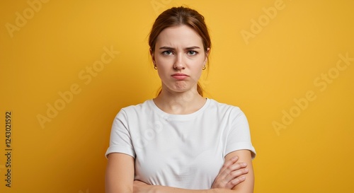 Upset and angry girl in white blank t shirt isolated on white background. Sad and mad woman with crossed arms . Copy space.
 photo