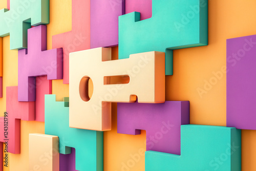 Locking mechanism abstract wall art, conceptual key hole 3d geometric colourful purple teal gold orange