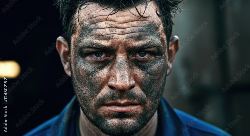 Gritty portrait of young caucasian male with intense expression and dirty face Gritty portrait of young caucasian male with intense expression and dirty face