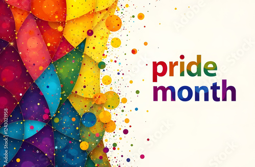 Geometric design for Pride Month banner. Festive and colorful geometric design with sparkling circles and confetti, alongside the text 