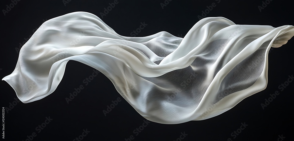 Fototapeta premium Soft, flowing white silk fabric gracefully suspended in the air, set against a Black background.