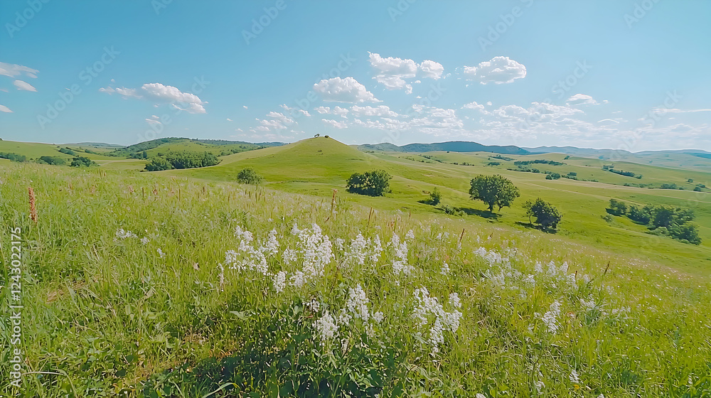 Fototapeta premium Sunny day, rolling hills, wildflowers, peaceful landscape, travel