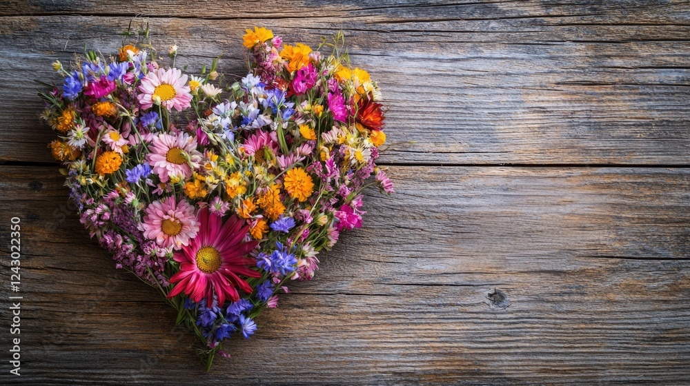 Colorful flowers arranged in a heart shape on rustic wood background. Colorful flowers arranged in a heart shape on rustic wood background.