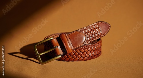 Brown braided leather belt with brass buckle on tan background