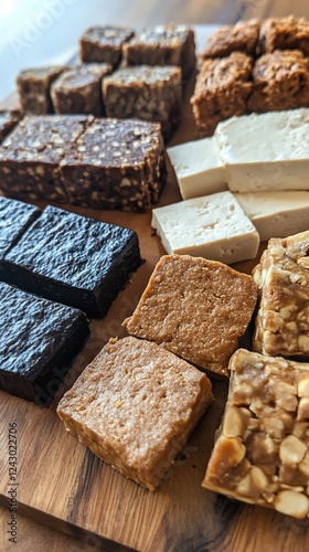 Assorted protein bars and tofu on wood board photo