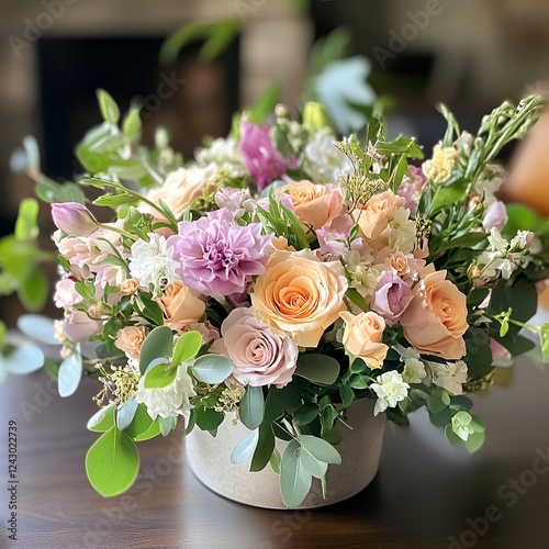 Pastel Bouquet: A stunning arrangement of pastel pink and peach roses, carnations, and other delicate blooms, creates a beautiful centerpiece for any occasion.