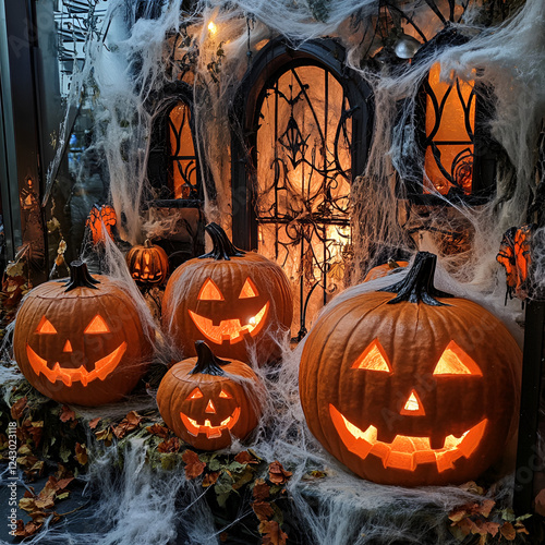 Halloween Jack-o'-Lanterns: Four illuminated jack-o'-lanterns of varying sizes sit before a spooky gothic backdrop, creating a captivating Halloween scene filled with autumnal charm and eerie delight. photo