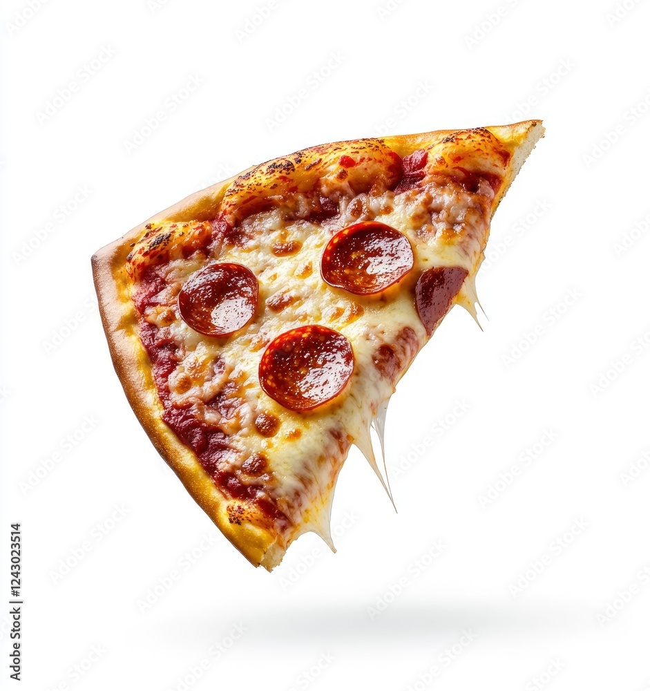 Surrealistic style, a slice of pizza with cheese and pepperoni floating in the air, white background, high resolution,