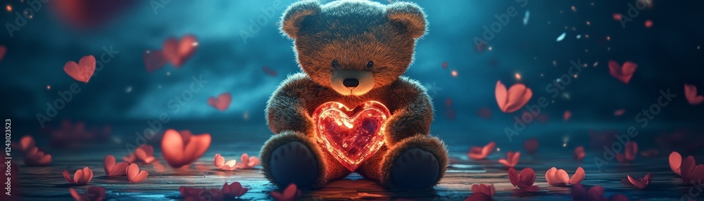 Fototapeta premium Adorable teddy bear holding glowing heart cozy room digital art romantic atmosphere close-up viewpoint love concept for valentine's day