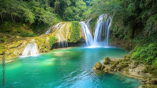 A serene waterfall cascading into a turquoise pool surrounded by lush greenery.