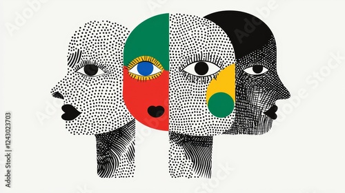 In vibrant hues, an abstract faces illustration in cubism style collage form, perfect for wallpaper, background design, or as an art print. Stock