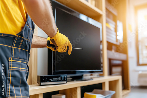 Handyman holding screwdriver while repairing tv at home