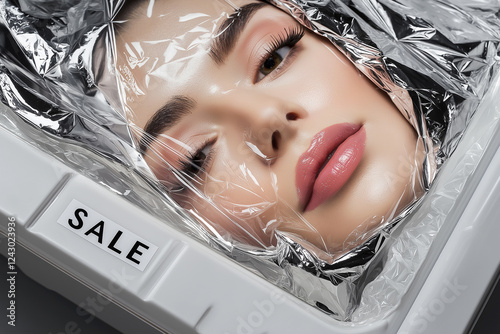 A smiling woman's face covered with plastic wrap, packed in a shop, prominently labeled 