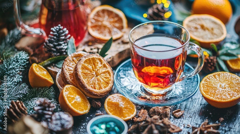 Warm tea surrounded by dried fruits, pinecones, and greenery, evoking a cozy atmosphere. Warm tea surrounded by dried fruits, pinecones, and greenery, evoking a cozy atmosphere.