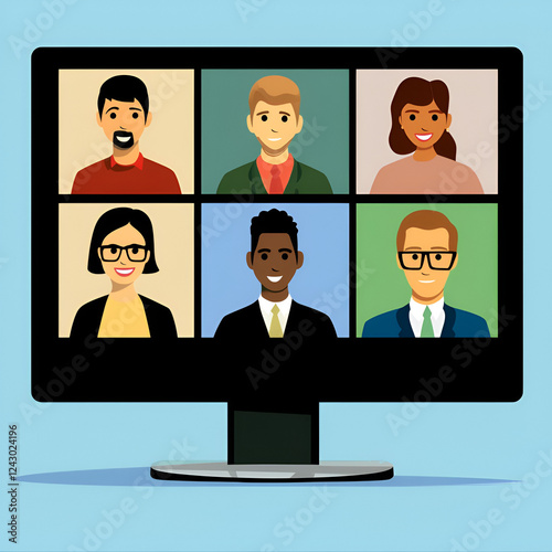 Virtual Team Meeting: A modern illustration of a virtual meeting with six diverse participants on a computer monitor. The colorful.